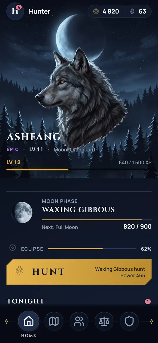 Tonight’s hunt, your pack and the moon’s phase — one screen.