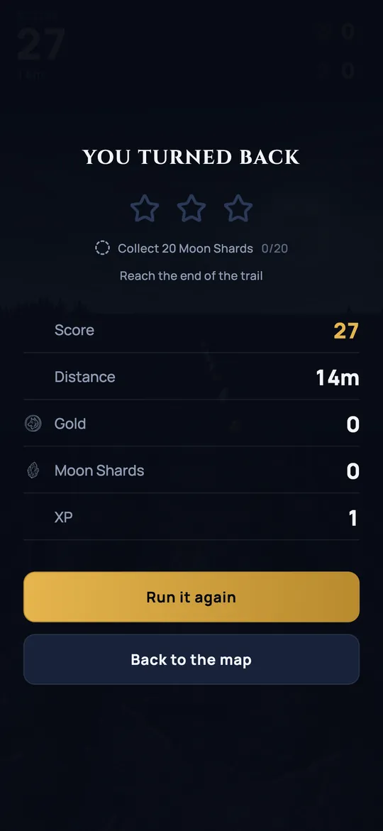 The result of a hunt, showing stars earned, score, distance and rewards