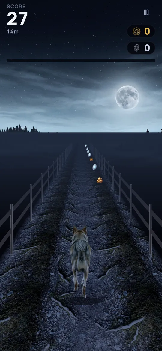 Wolf Eclipse gameplay: the wolf running a three-lane forest trail at night